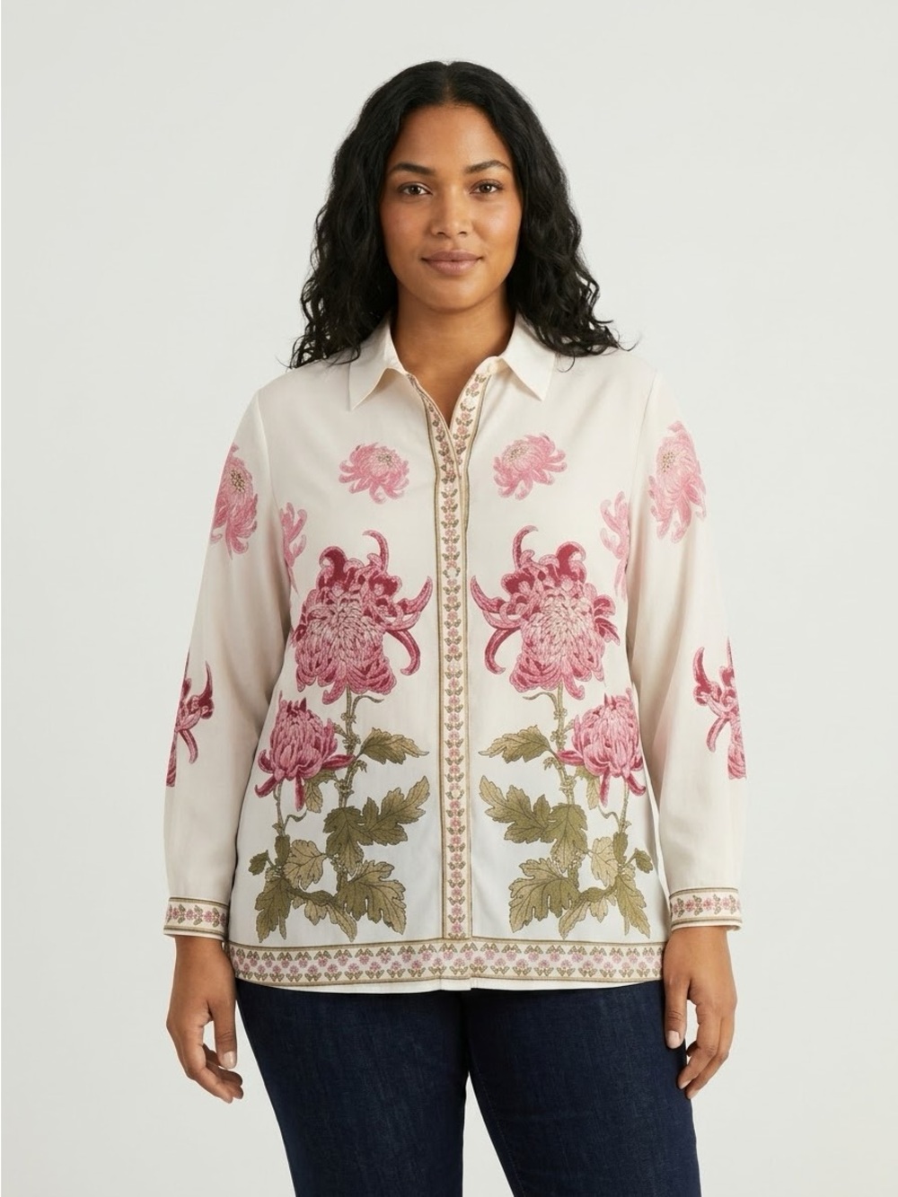 Rose + Olive Floral Button Front Blouse Cream Pink NWOT 2X